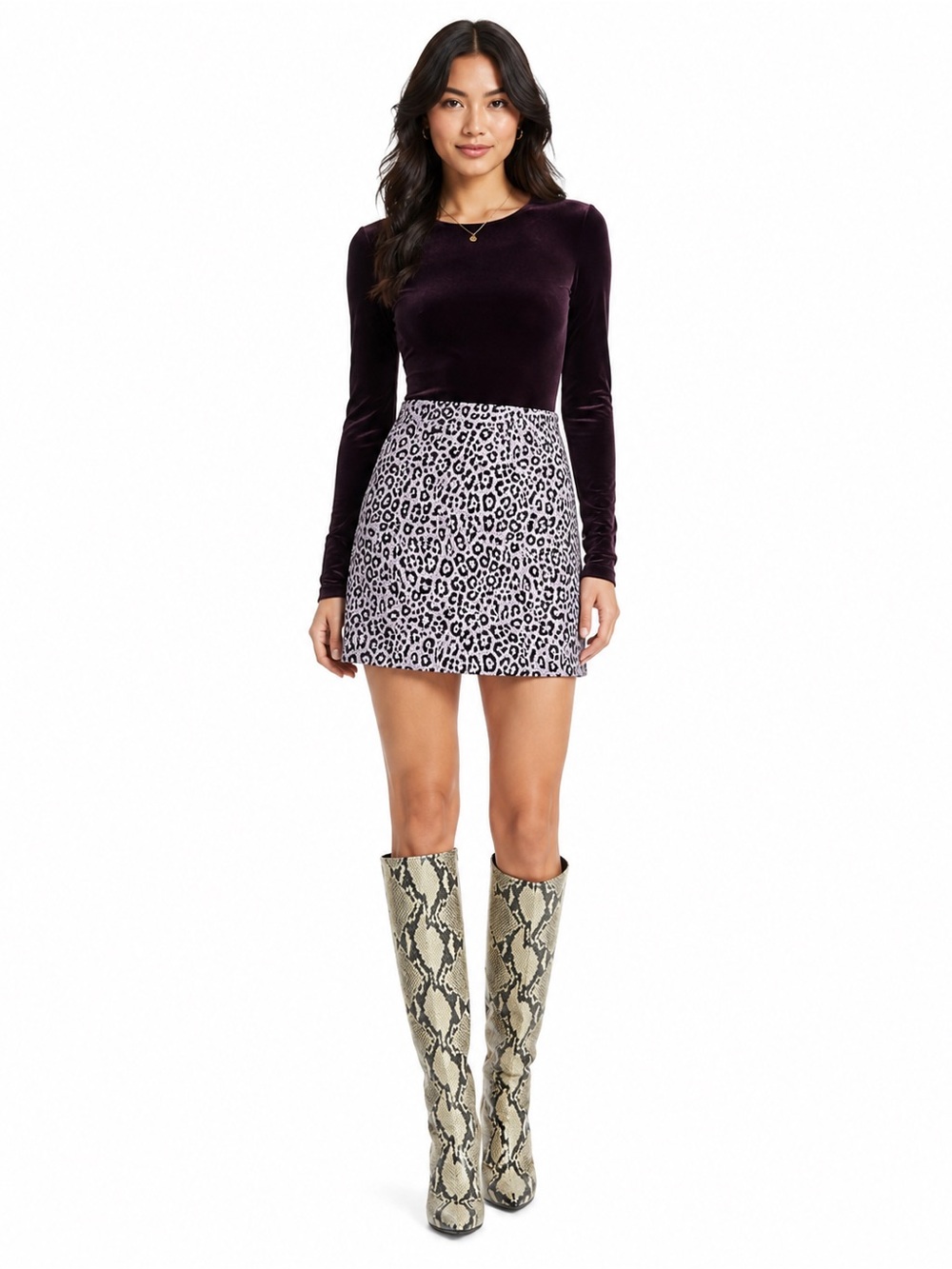 ANDAMANE Italy Bertha Leopard Print Tweed Mini Skirt Lilac